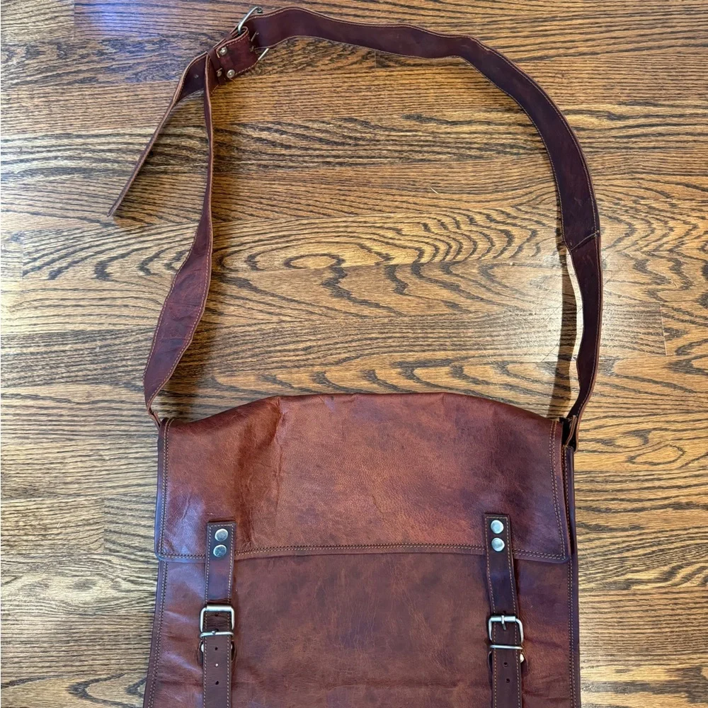 Brown leather messenger bag